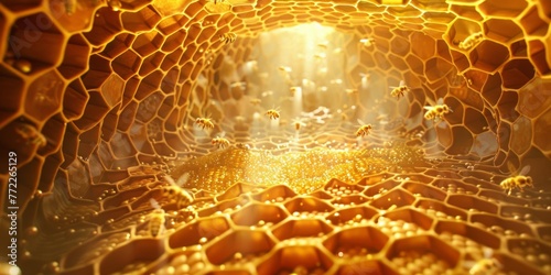 A honeycomb with bees flying around it