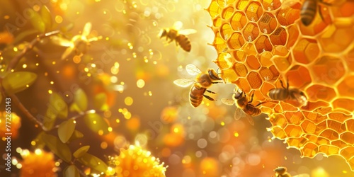Winged Alchemy: An enchanting painting showcasing bees weaving their magic around a honeycomb, nature's golden treasure