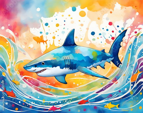 Colorful sharks swimming in a colorful background  illustrated by illustrators of sharks in the sea