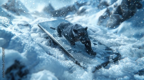 Concept of new technologies, cellular devices and animals. 3D realistic image of a mobile phone with a black panther running out of it against the backdrop of a snowy landscape photo