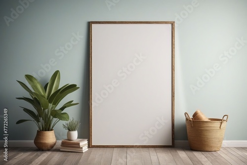 A blank photo frame on a painted wall for mockup design © Thanh