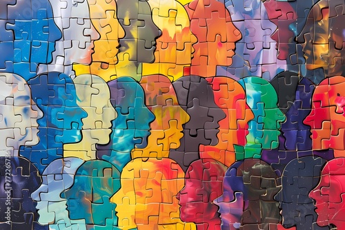 Colorful jigsaw puzzle with human head as a symbol of autism. Ai generated