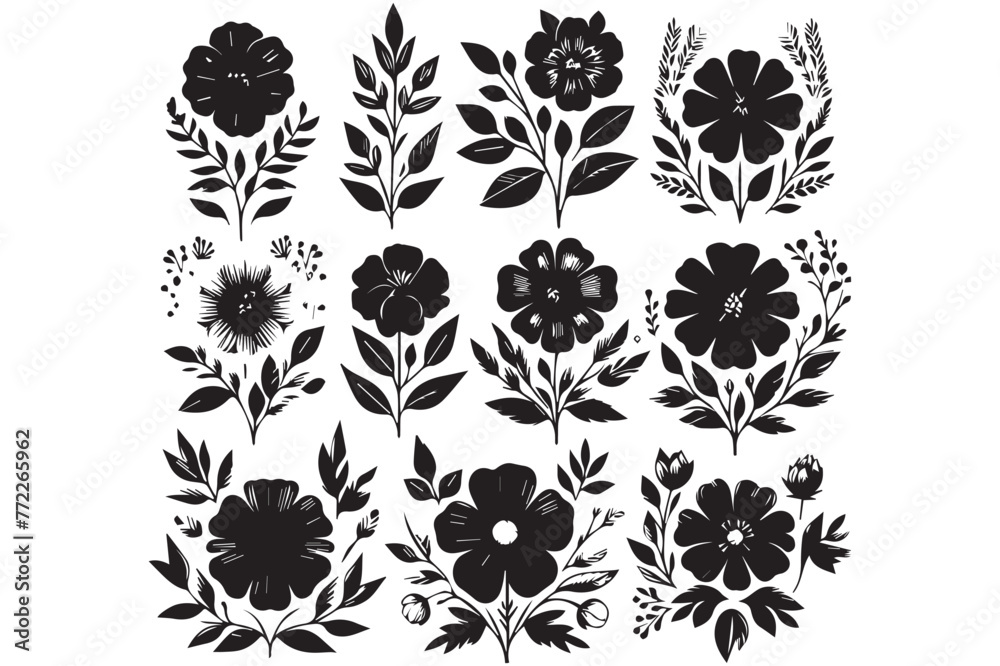 Set of black colour flower Silhouettes on white background.