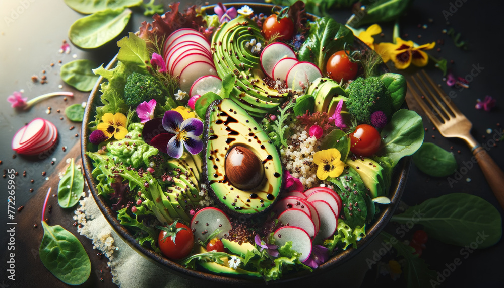 Close-up of a gourmet vegan salad with edible flowers, avocado, radishes, and microgreens
