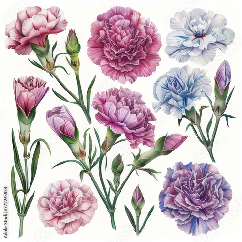 Clip art illustration with various types of Carnation on a white background. 