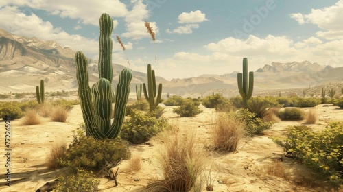 Nature's symphony: Serene desert landscape with a majestic cactus and a bird in graceful motion photo