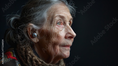 Smiling elderly woman wearing a hearing aid over a dark backdrop, proving her face from the side and space, Generative AI.