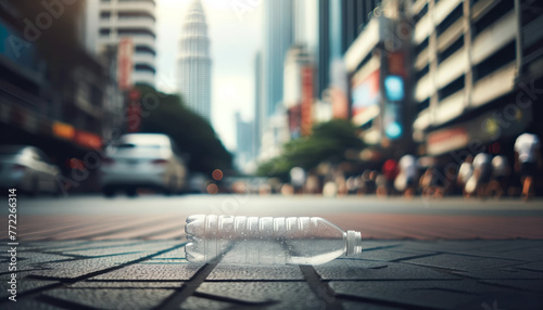 An empty plastic bottle lying on a pavement, with a blurred city street in the background