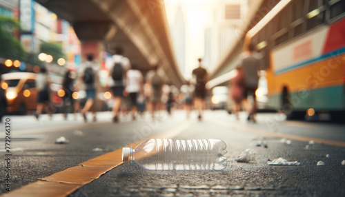 An empty plastic bottle discarded on a pavement, soft focus on the active street scene behind photo