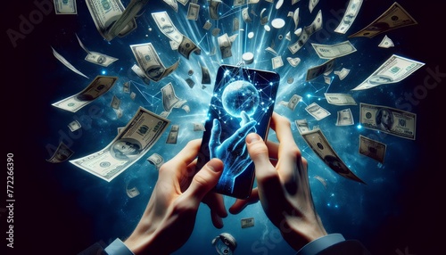 Hands working with a smartphone with flying money and internet energies. Mobile technologies in making money. Remote work on the Internet with artificial intelligence photo