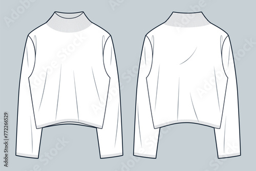 Sweater technical fashion illustration. Jumper fashion flat technical drawing template, overfit, roll neck, front and back view, white, women, men, unisex CAD mockup.