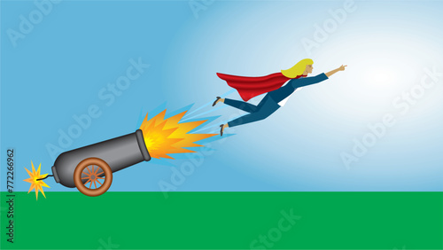 Woman, superwoman flying out of cannon. Dimension 16:9. Vector illustration.