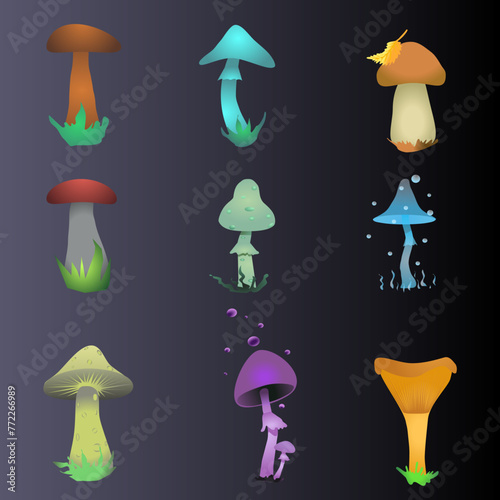 Set of vector shrooms different colours . Edible and poisonous shrooms illustration. 