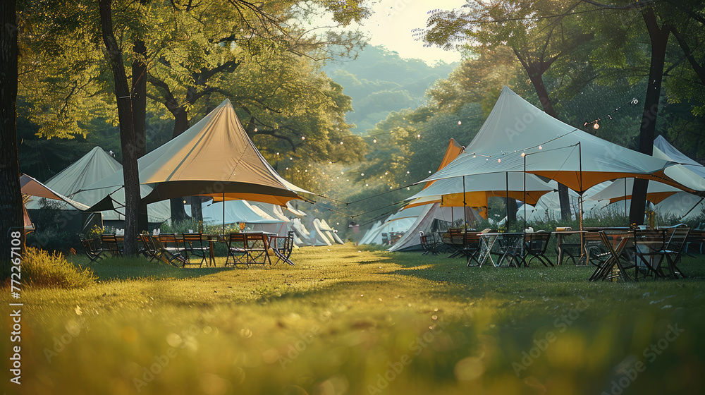 On the grass, there are tents, tables and chairs and a camping atmosphere. Generative AI.