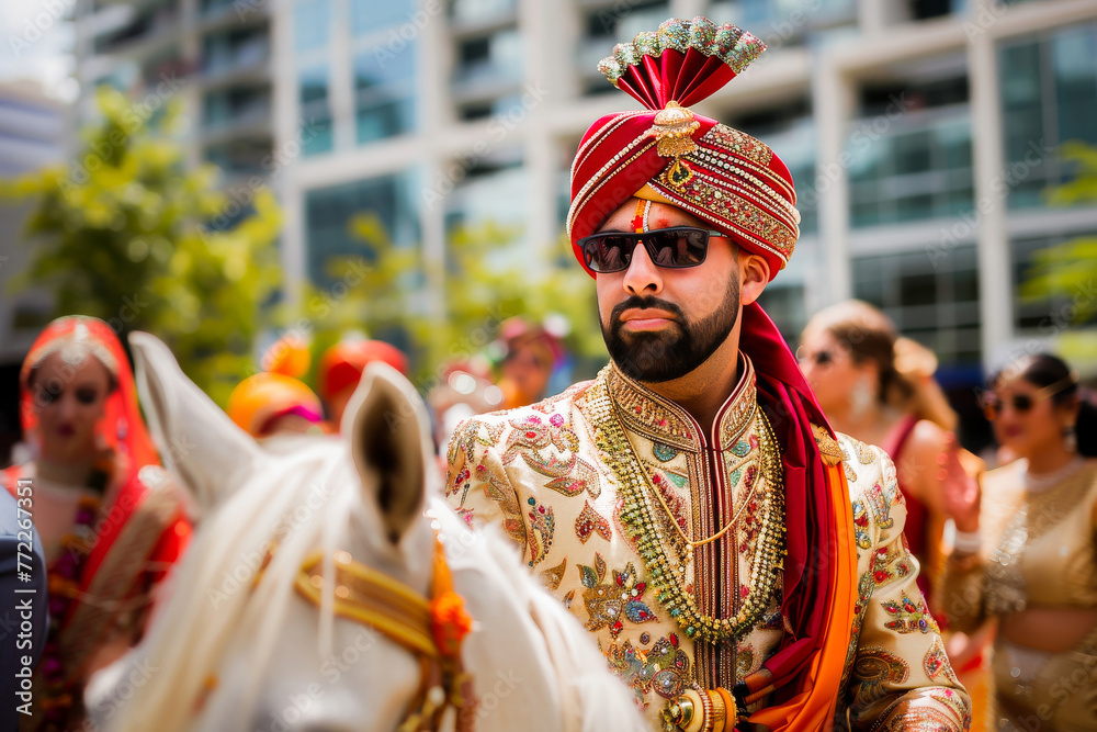 A groom in traditional Indian wedding attire rides a horse during a vibrant cultural wedding procession.