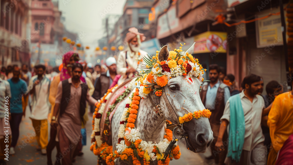 Obraz premium A man riding a beautifully decorated horse in a vibrant Indian street festival parade, surrounded by a crowd of people.