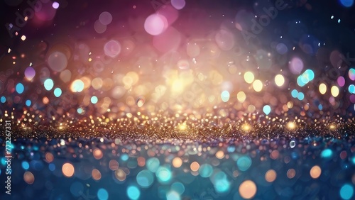 Trendy decoration bokeh glitters background  abstract shiny backdrop with circles. Magic night dark blue abstract background with sparkling glitter bokeh and lights.