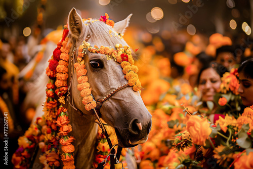 Adorned horse with orange marigold flowers at a traditional Indian festival, surrounded by a celebrating crowd.