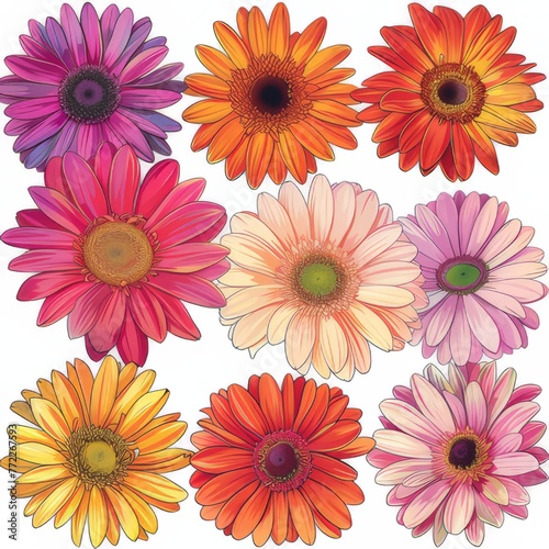 Clip art illustration with various types of gerbera on a white background. 