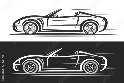 Vector logo for Convertible Car, decorative banners with simple contour illustration of futuristic car in moving, line art design monochrome expensive car, profile view on black and white background