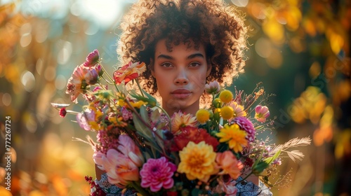 A young woman with afro hair is standing in a field of flowers. She is smiling and looking at the camera. The sun is shining and the flowers are colorful.