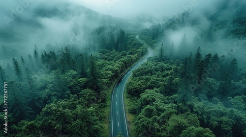 Foggy on winding highway through green forest landscape, aerial view of mountain road with trees and clouds. Generative AI.