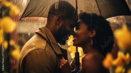 Romantic date in the rain. Close up portrait of young african couple kissing under the umbrella in rainy summer day. Love, couple relationships concept. photo