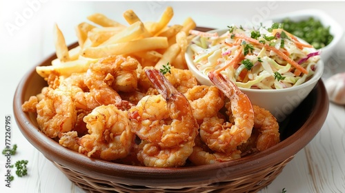 A mouthwatering basket of fried shrimp served with a mound of seasoned fries and a side of creamy coleslaw, on isolated white background. Generative AI.