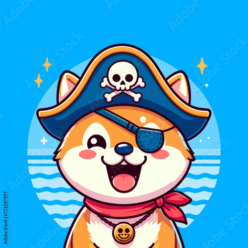 A lovable Shiba Inu dressed as a pirate, complete with an eye patch