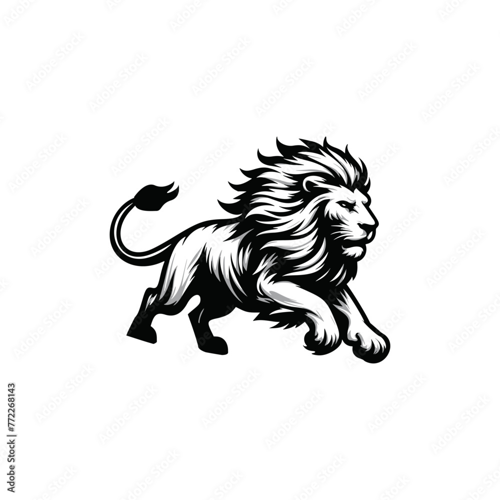 Obraz premium Vector logo of a running lion. black and white illustration of a charging big cat.