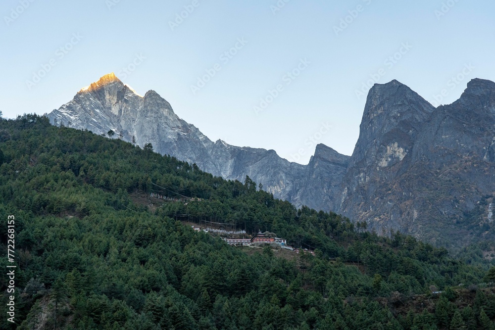 Scenic view of rural houses on slope of a mountain covered with forests