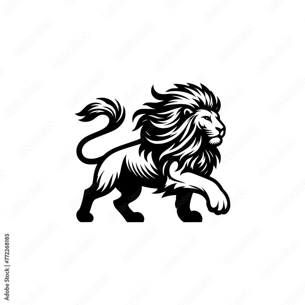 Vector logo of a running lion. black and white illustration of a charging big cat.