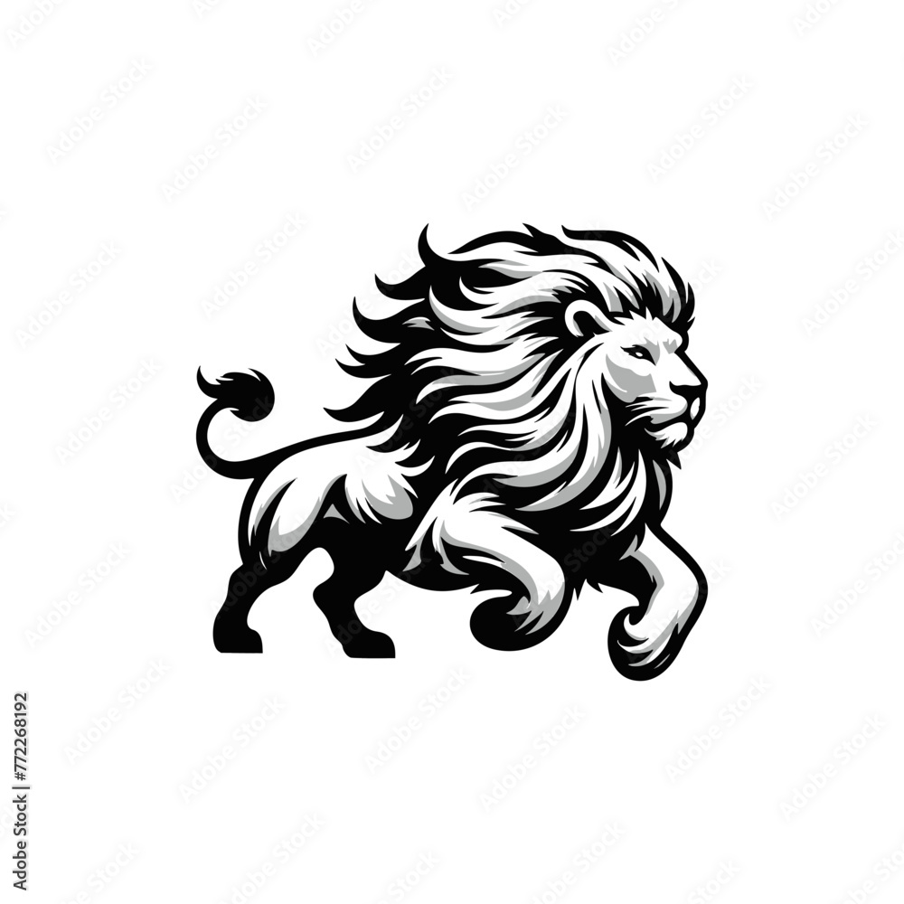 Vector logo of a running lion. black and white illustration of a charging big cat.