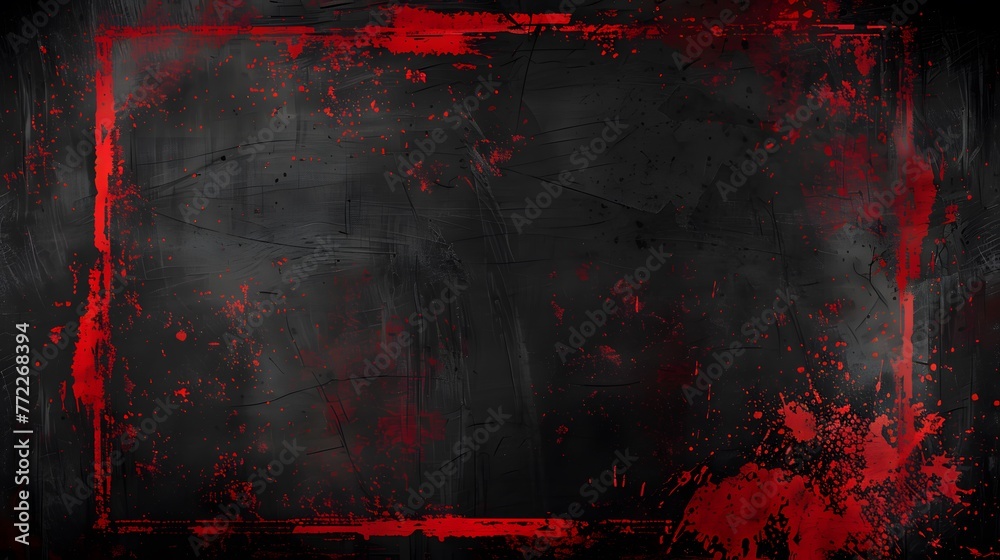 Naklejka premium Bold red distressed frame on isolated black canvas, striking red paint strokes on black wall