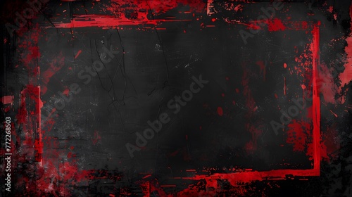 Striking red grunge border against black background, black wall with expressive red paint strokes