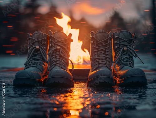 Two pairs of boots are standing in front of a fire. The scene has a warm and cozy feeling, as if the boots are waiting to be worn in a cold and snowy environment photo