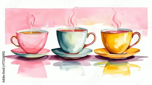 Steaming teacups with copy space photo