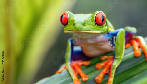Closeup of a red eyed tree frog sitting on a branch, surrounded by green leaves and colorful flowers