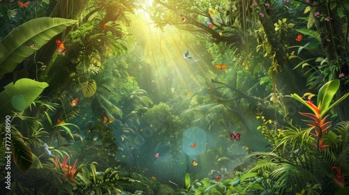 A jungle scene with many butterflies and birds