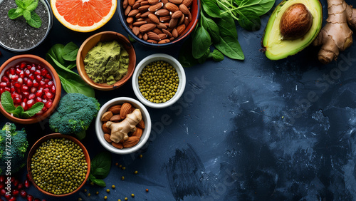 Healthy food clean eating selection: fruit, vegetable, seeds, superfood, cereals, leaf vegetable on gray copy space