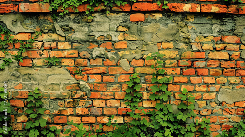 Aged and textured brick wall with a detailed arrangement of red bricks and mortar