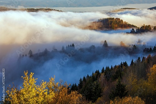 Scenic mountainous landscape hidden in a sea of clouds. Kremnica Mountains, Slovakia.