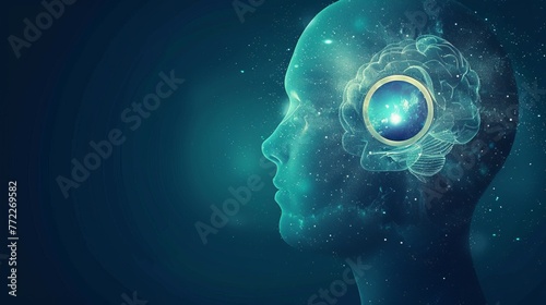 Keyhole to inside of person's mind. Brain, neuroscience and creative mind poster, cover. Dream, imagination and psychological concept