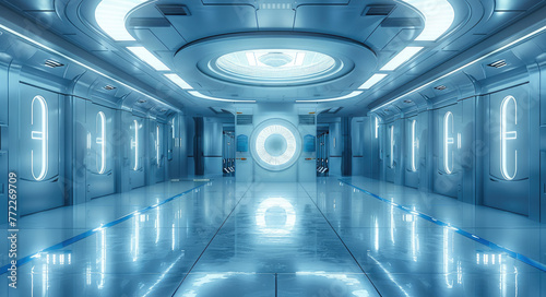 Fototapeta Naklejka Na Ścianę i Meble -  Interior space of a teleportation room, large room. Generative AI.