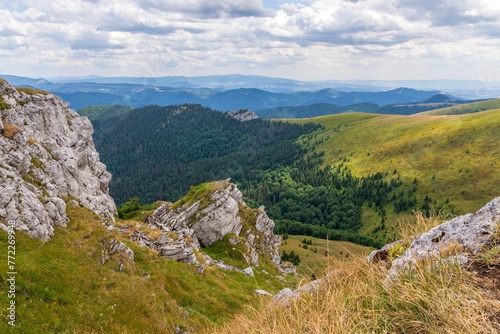 Scenic view of green mountains against the backdrop of a cloudy sky. Big Fatra mountains, Slovakia.