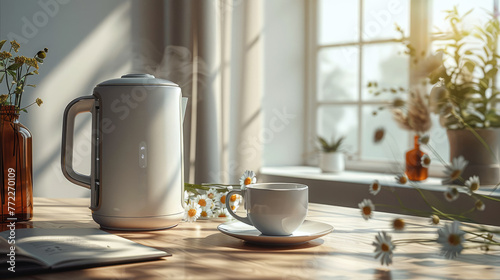 The electric kettle modern design on desk. Generative AI. photo
