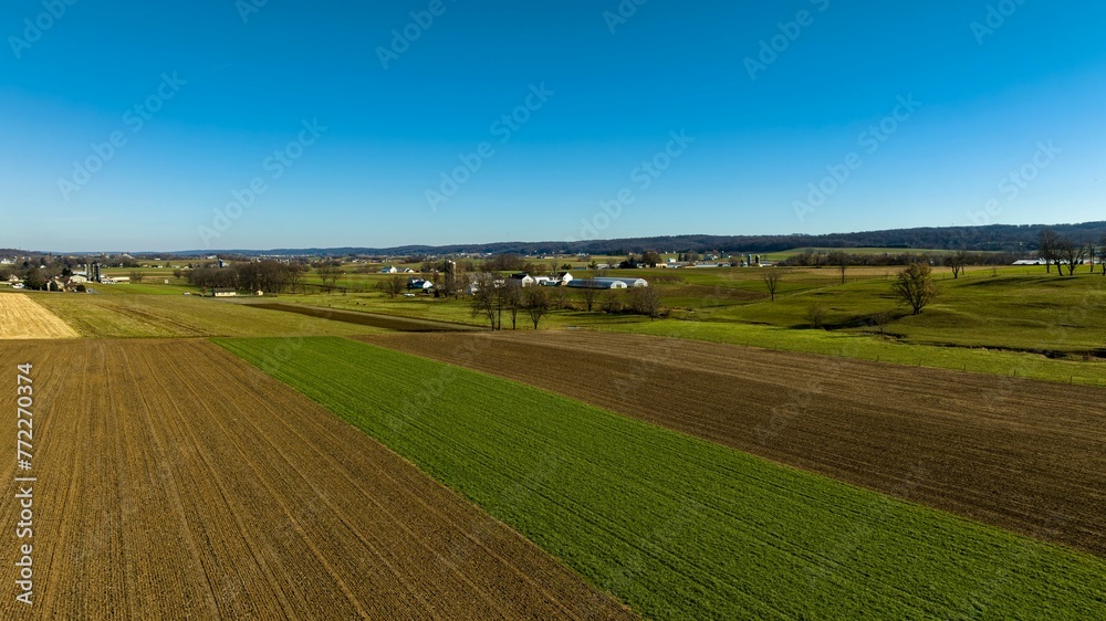 Aerial View of Amish Farmlands in Autumn