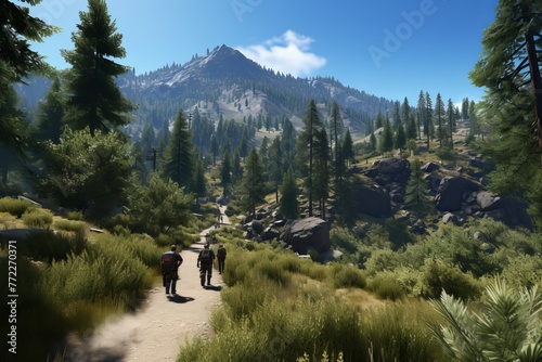 Hiking trail in the mountains. A group of tourists walk along the path