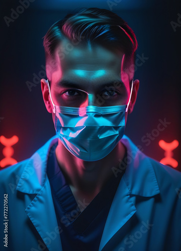Closeup of male surgeon in medical mask looking at camera in dark room with blue and red neon light,