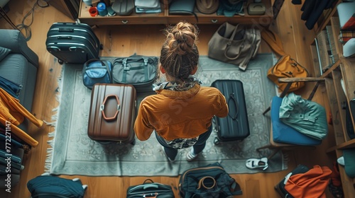 View from aloft of a lady packing her bags at home with multiple objects strewn all over the floor weekend adventure and space, Generative AI.